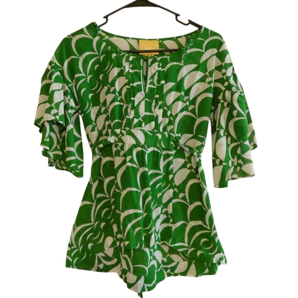 Maeve by Anthropologie Blouse Top Geometric Scallop Print Kelly Green Size 0 - Picture 2 of 7